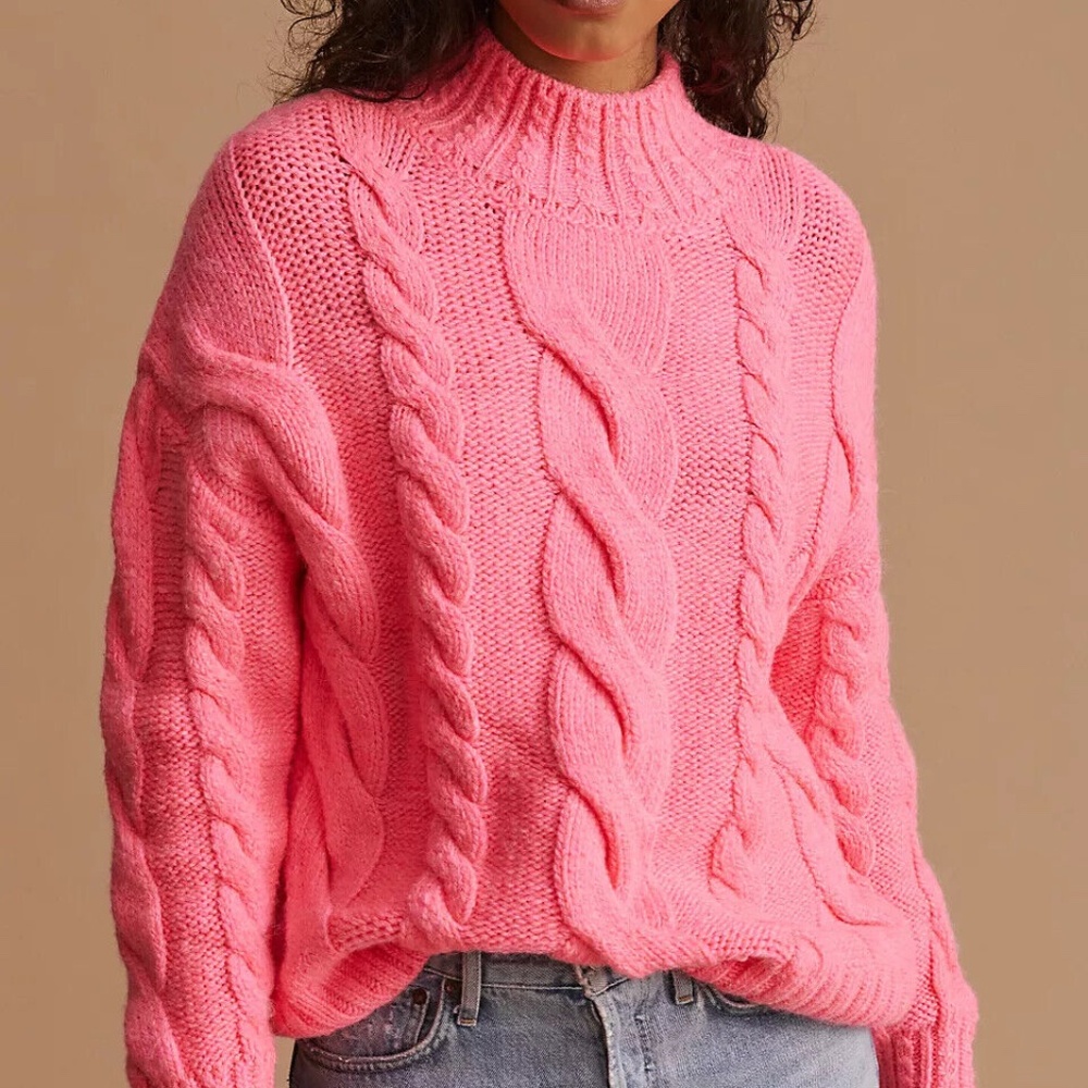 Anthropologie Hot Pink Mock Neck Cable-Knit Sweater